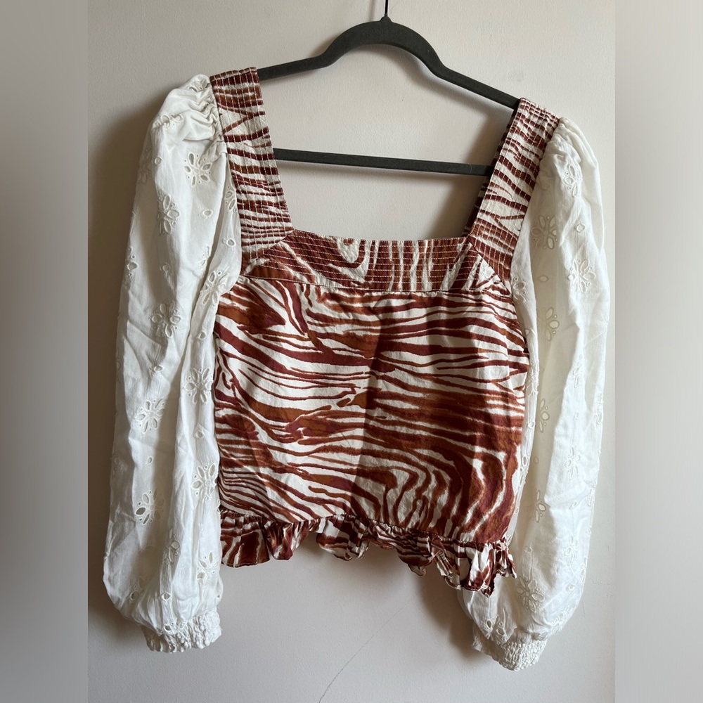 Anthropologie Love The Label Smocked Eyelet Puff Sleeve Blouse Top